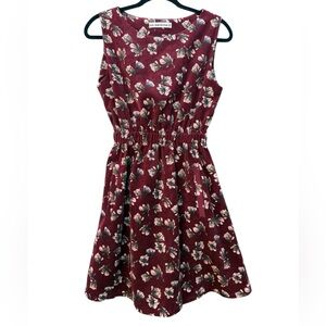 Bold Burgundy Corduroy Floral Fit and Flare Mini Dress - size medium